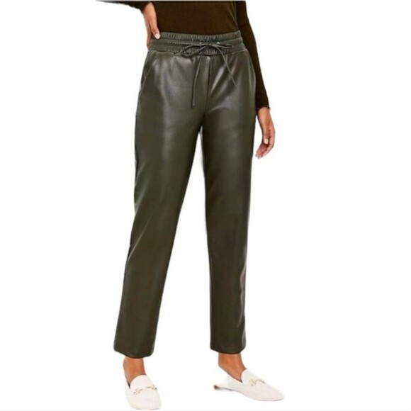 Loft Faux Vegan Leather Pull On Slim Dark Green Ankle Drawstring Waist Pants XXL - Picture 1 of 8